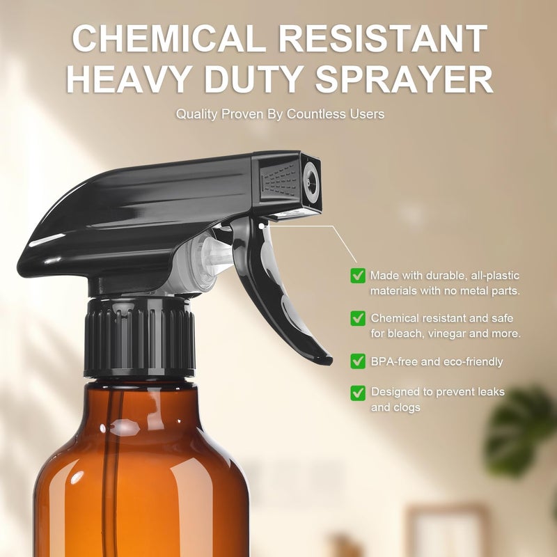 Uineko Spray Bottles 2-Pack, 10 Oz, Mist & Stream, Heavy Duty Spraying Empty Water Sprayer Bottle, BPA Free Plastic Refillable Containers for Cleaning Solutions, Plants, Hair, Essential Oils (Amber) - Image 2